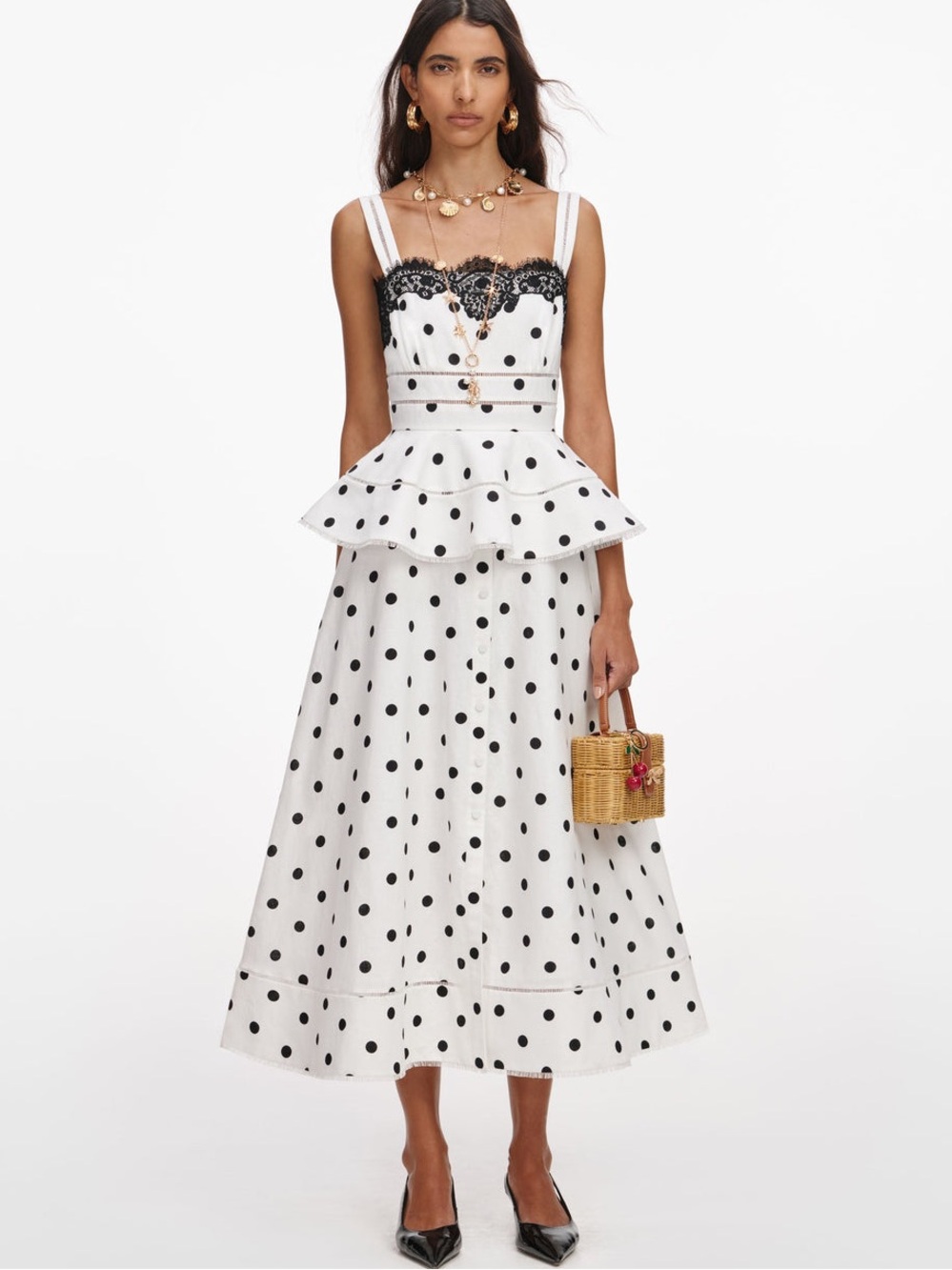 NWOT Self-Portrait WHITE POLKA DOT LINEN MIDI DRESS